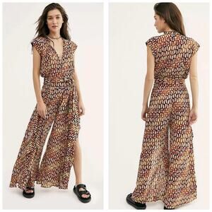 Free People Sahara Jumpsuit Size Small Bohemian Festival Western Print Wide Leg